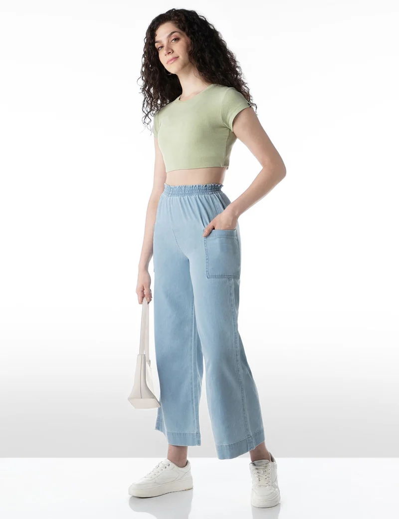 inkd جينز واسع الساق للنساء - ارتفاع عال | 100٪ قطن| غسل الإنزيم | حزام الخصر المطاطي